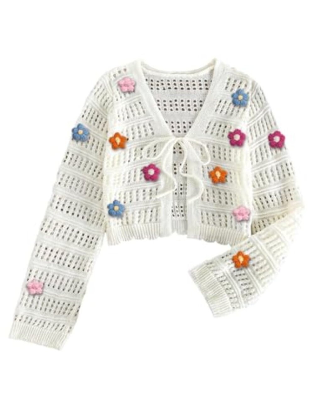 Women's Hollow Out Tie Front Knit Cardigan V Neck Sheer Long Sleeve Acrylic